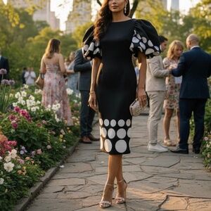 # A099  For Her NYC  Vintage Black Dress  Polka Dot Puff Sleeve  NWT size S